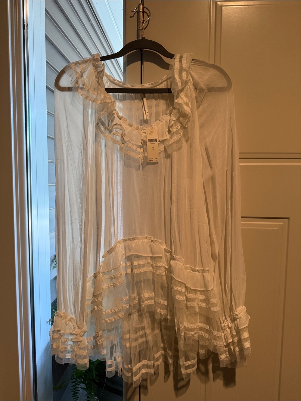 Anthropologie White Sheer Ruffle Blouse